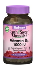 Вітамін D3 1000IU, Смак Малини, Earth Sweet Chewables, Bluebonnet Nutrition, 90 жувальних таблеток