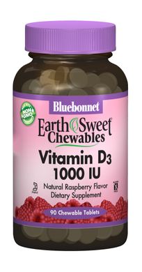 Вітамін D3 1000IU, Смак Малини, Earth Sweet Chewables, Bluebonnet Nutrition, 90 жувальних таблеток