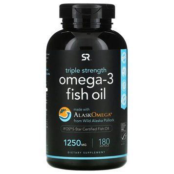 Омега-3, тройная сила, Sports Research, 3, 1250 мг, 180 желатиновых капсул