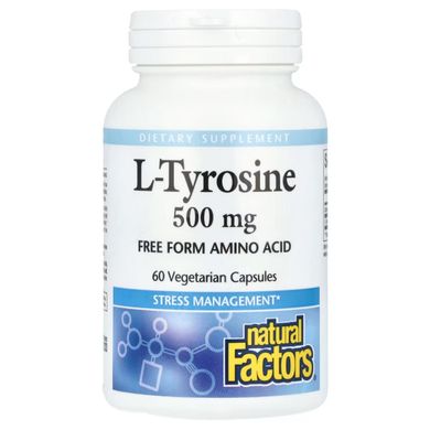 L-тирозин, 1000 мг, L-Tyrosine, Natural Factors, 60 вегетарианских капсул