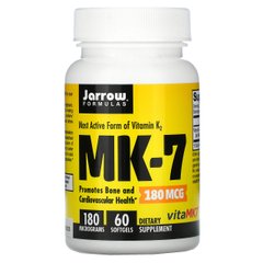 Витамин K2 активная форма MK-7, 180 мкг, Most Active Form of Vitamin K2, Jarrow Formulas, 60 гелевых капсул