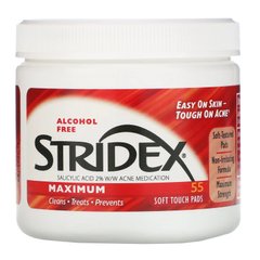 Одношажное средство от угрей, максимальная сила, без спирта, Stridex, 55 мягких салфеток