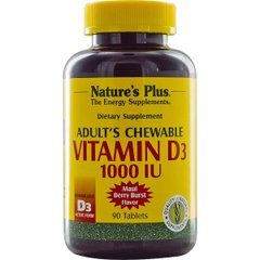 Жувальний вітамін D3 для дорослих, Смак ягід, 1000 МО, Natures Plus, 90 таблеток