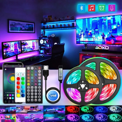 Светодиодная LED лента RGB 10 м USB 5V с пультом и Bluetooth управлением через приложение для подсветки комнаты
