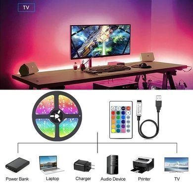 Светодиодная LED лента RGB 10 м USB 5V с пультом и Bluetooth управлением через приложение для подсветки комнаты