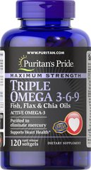 Омега 3 6 9 Puritan's Pride Maximum Strenght Triple Omega 3-6-9 Fish Flax and chia Oils 120 капсул