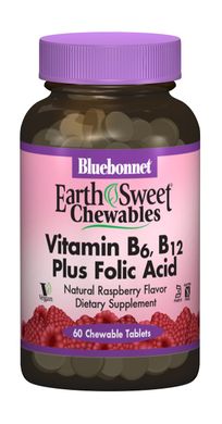 Витамин В6, B12 + Фолиевая кислота, Вкус Малины, Earth Sweet Chewables, Bluebonnet Nutrition, 60 жевательных