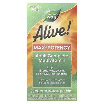 Мультивітаміни підвищеної ефективності без заліза Alive! Max3 Potency Multivitamin, No Added Iron, Nature's Way, 90 таблеток