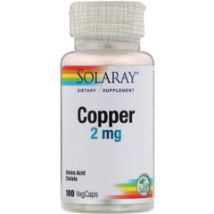 Мідь, Copper, Solaray, 2 мг, 100 капсул