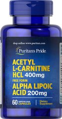 Ацетил l-карнітин Puritan's PrideAcetyl L-Carnitine Free Form 400 mg with Alpha Lipoic Acid 200 mg 60 кап