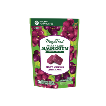 Успокаивающий Магний, вкус винограда, Relax + Calm Magnesium Soft Chews, Grape, MegaFood, 30 мягких жевательных конфет в индивидуальной упаковке