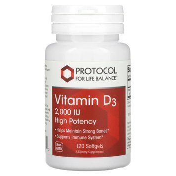 Вітамін D3, Vitamin D3, Protocol for Life Balance, висока ефективність, 2000 МО, 120 гелевих капсул