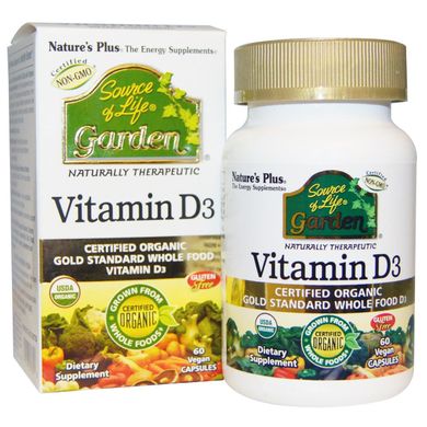 Органический Витамин D3 5000IU, Source of Life Garden, Natures Plus, 60 гелевых капсул