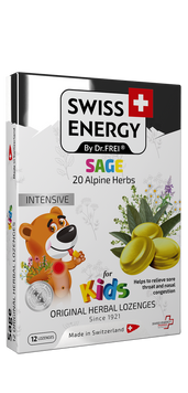 Льодяники від застуди, для дітей, Herbal Lozenges Blister 20 herbs + Sage for kids, Swiss Energy, від кашлю, болю в горлі та закладеності носа, 20 альпійських трав та шавлія, 12 трав'яних льодяників