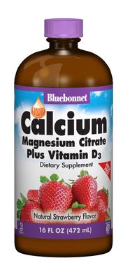 Жидкий Кальций Цитрат Магния + Витамин D3, Вкус Клубники, Bluebonnet Nutrition, 16 жидких унций (472 мл)