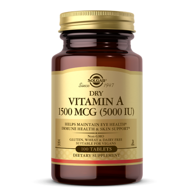 Витамин А, Dry Vitamin A Solgar, 1500 мкг, 100 таблеток