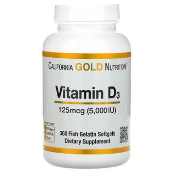 Вітамін D3, 5000 МО (125 мкг), California Gold Nutrition, 360 желатинових капсул