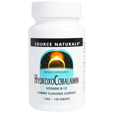 Витамин B12, 1 мг, Гидроксокобаламин, вкус вишни, Hydroxocobalamin, Source Naturals, 120 таблеток