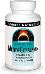 Витамин B12, 1 мг, Гидроксокобаламин, вкус вишни, Hydroxocobalamin, Source Naturals, 60 таблеток
