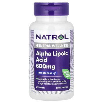 Альфа-липоевая кислота, медленное высвобождение, Alpha Lipoic Acid Antioxidant Protection, Natrol, 600 мг, 45 таблеток