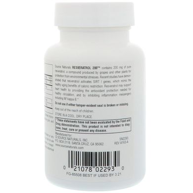 Ресвератрол, Resveratrol, Source Naturals, 200 мг, 60 таблеток