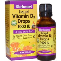 Рідкий Вітамін D3 1000IU, Смак Апельсину, Bluebonnet Nutrition, 30мл краплі