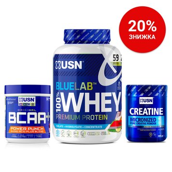 Набір Blue Lab 100% Whey Premium Protein 2000 г wheytella + Micronized Creatine Monohydrate 500 г + BCAA Power Punch 400 г cherry