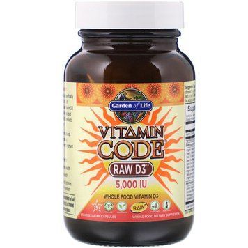 Сирий Вітамін D3, RAW D3, Vitamin Code, Garden of Life, 5000 МО (125 мкг), 60 вегетаріанських капсул