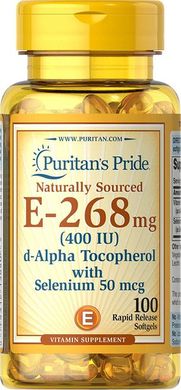 Вітамін Е Puritan's Pride Vitamin E-268 mg with selenium 50 mcg 100 капсул