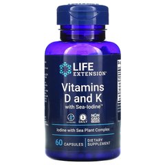 Вітамін D3 і K з йодом Life Extension Vitamins D3 and K with sea-iodine 5000 МО / 2100 мкг / 1000 мкг 60 капсул