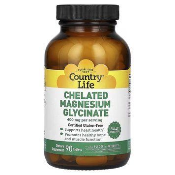 Магній Хелатний гліцинат, 400 мг, Chelated Magnesium Glycinate, Country Life, 90 таблеток (133 мг у таблетці)
