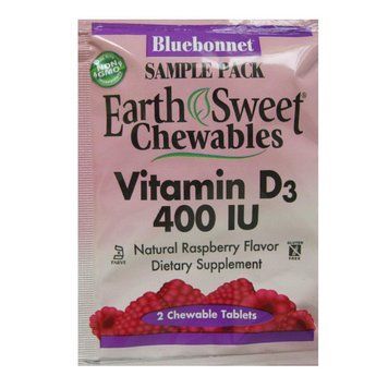 Витамин D3 400IU, Вкус Малины, Earth Sweet Chewables, Bluebonnet Nutrition, 2 жевательные таблетки