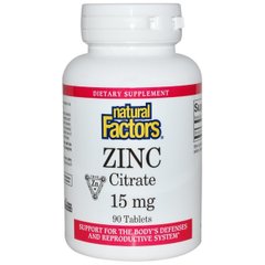 Цитрат Цинка, Zinc Citrate, Natural Factors, 15 мг, 90 Таблеток