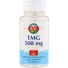 Триметилгліцин, TMG (ТМГ) , 500 мг, KAL, 500 mg, 120 таблеток