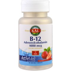 Витамин B-12, B-12 Adenosylcobalamin, KAL, вкус клубники, 1000 мкг, 90 микротаблеток