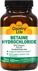 Бетаін HCL і Пепсин Country Life Betaine Hydrochloride with Pepsin 600 mg 100 таблеток