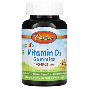 Витамин D3 Детский, 1000 МЕ, вкус фруктов, Kid's Vitamin D3 Gummies, Carlson, 60 вегетарианских жевательных конфет