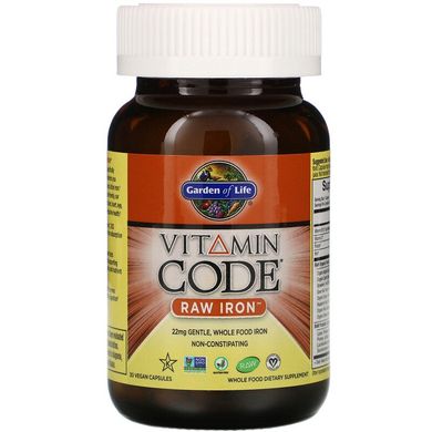 Сырое Железо с витамином и Пробиотиками, Vitamin Code, Garden of Life, 30 гелевых капсул