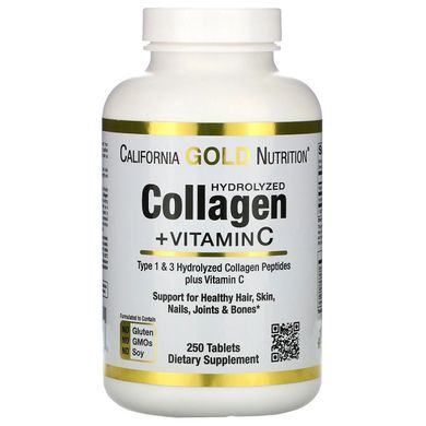 Гідролізовані колагенові пептиди + вітамін С тип 1 і 3 California Gold Nutrition Hydrolyzed Collagen Peptides + Vitamin C Type I & III 6000 мг 250 таблеток