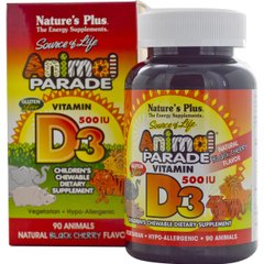 Вітамін D3 для Дітей, Смак Чорної Вишні, Animal Parade, Natures Plus, 90 жувальних таблеток