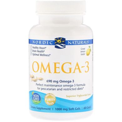 Омега-3, Смак Лимона, Nordic Naturals, Omega-3, Lemon, 1000 мг, 60 гелевих капсул