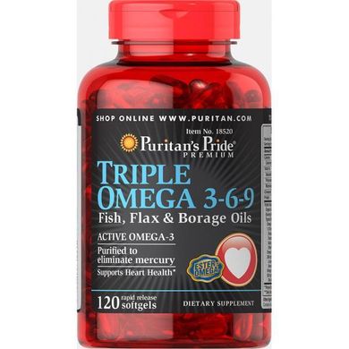 Омега 3 Puritan's Pride Triple Omega 3 6 9 Fish Flax Borage Oils 120 капс риб'ячий жир