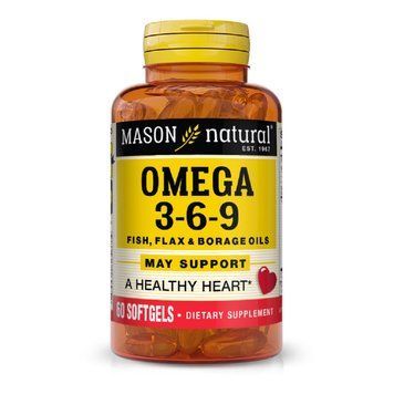 Потрійна Омега 3-6-9 1200 мг, олія риби льону та огірковика, Omega 3-6-9 1,200 mg Fish, Flax & Borage Oils, Mason Natural, 60 гелевих капсул