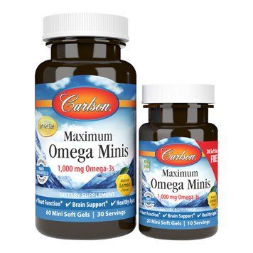 Максимум Омега, 1000 мг, смак Лимона, Maximum Omega Minis, Carlson, 60+20 желатинових міні капсул