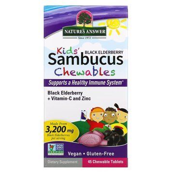 Черная бузина для детей с витамином С и цинком, Kid's Sambucus Chewables, Black Elderberry Vitamin C and Zinc, Nature's Answer, 45 жевательных таблеток