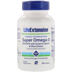 Супер Омега-3, Omega Foundations, Super Omega-3, Life Extension, 60 Желатинових Капсул