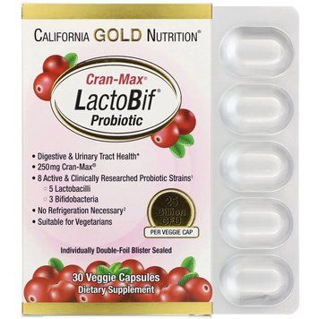 Пробиотики с клюквой California Gold Nutrition LactoBif Cran-Max 25 млрд КОЭ 30 растительных капсул