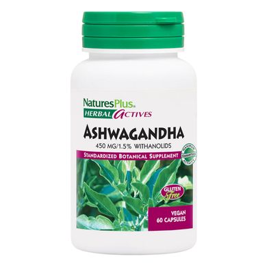 Ашваганда, 450 мг, Ashwagandha, Herbal Actives, Natures Plus, 60 Вегетарианских Капсул