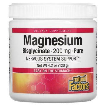 Магний Бисглицинат в порошке, 200 мг, Magnesium Bisglycinate, Pure, Natural Factors, 120 гр