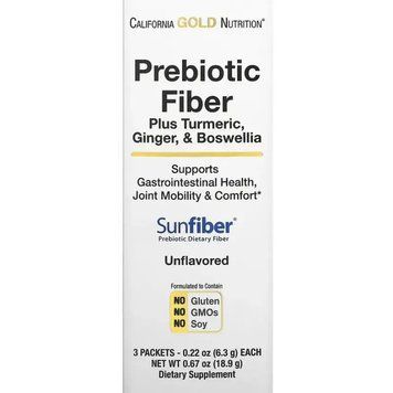 Пребиотическая клетчатка плюс куркума имбирь и босвелия California Gold Nutrition Prebiotic Fiber Plus Turmeric Ginger & Boswellia 3 пакетика по 6,3 г